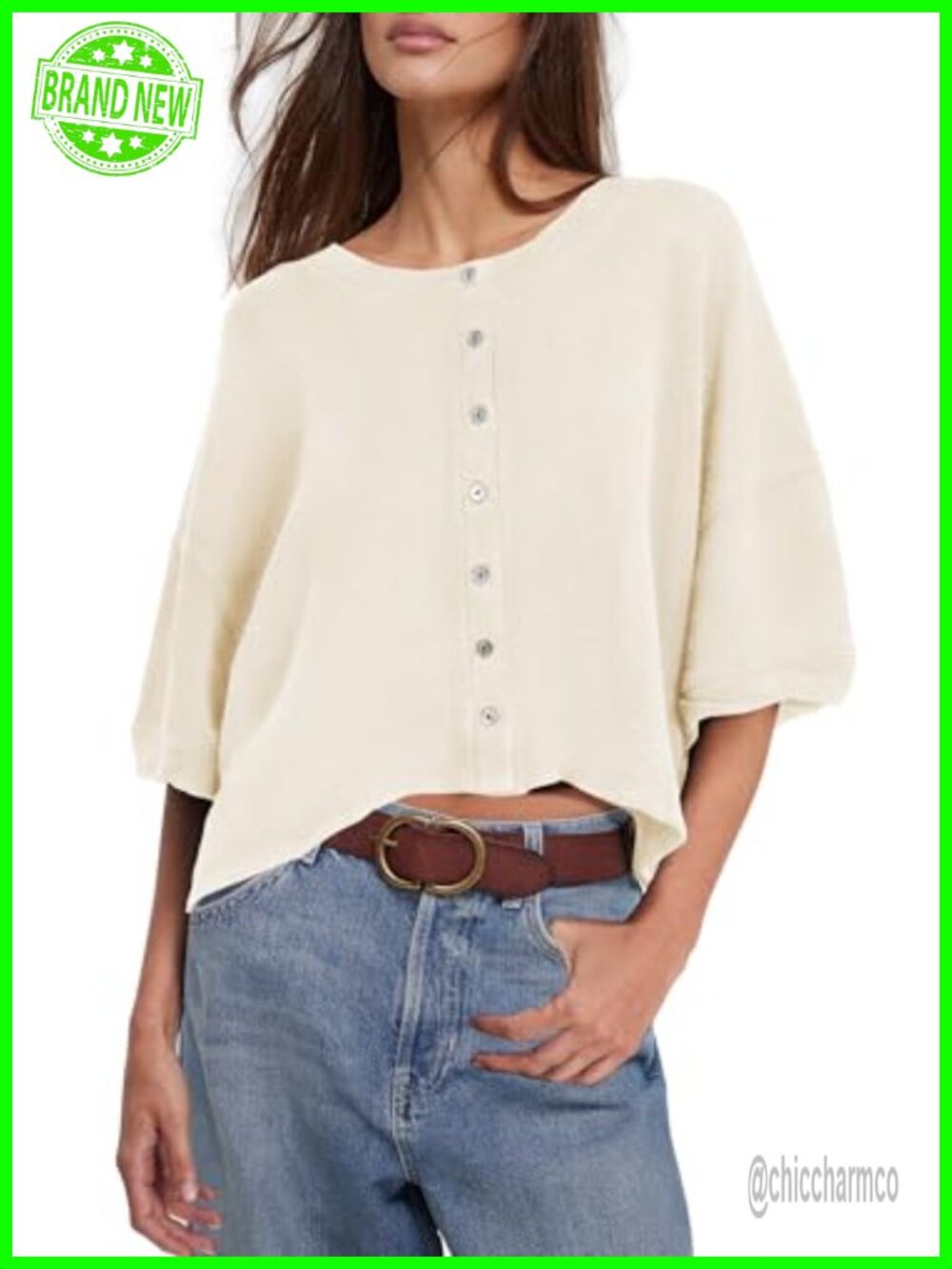 Womens Cropped Cardigan Short Sleeve Button Up Lightweight Oversized